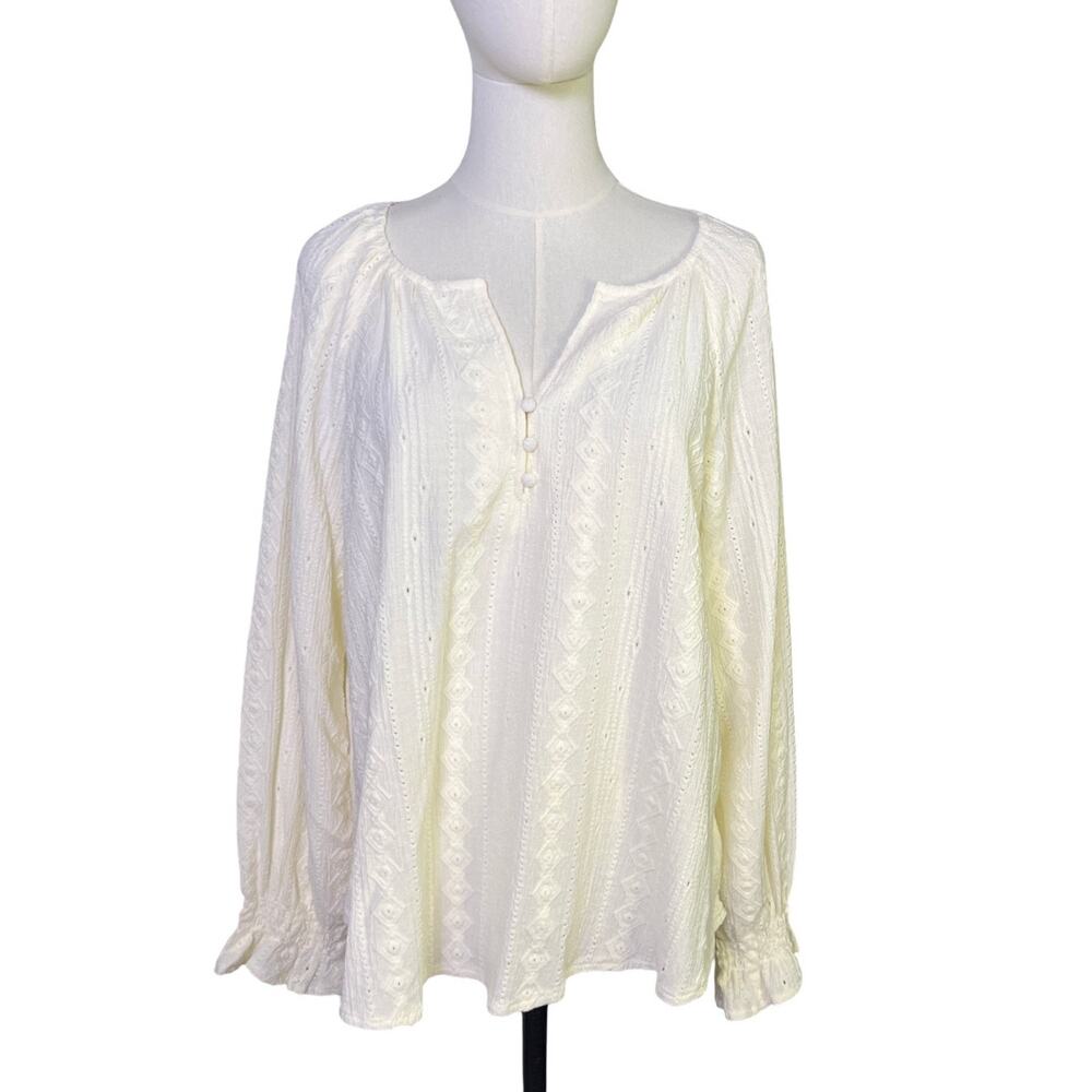 Frye Ivory Eyelet Textured Peasant Blouse Long Sleeve Boho Top Size M Fall